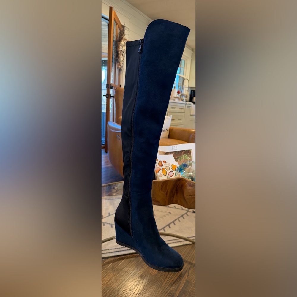 French Blu - Navy Vegan Suede and Black Neoprene Full Zip OTK Wedge Boots - 39